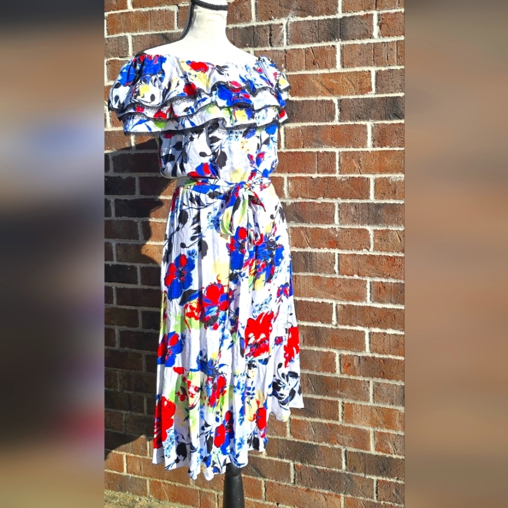 Peter Nygard Floral Ruffle Midi Dress | Size 6 | Off-Shoulder Tie Waist